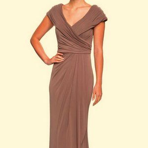 La Femme Cocoa Brown Off-the-Shoulder Ruched Jersey Column Gown